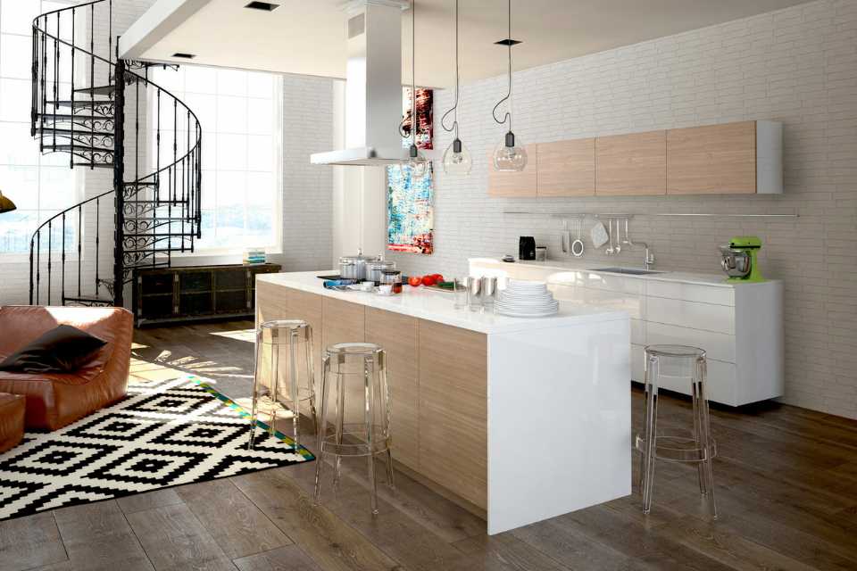 brick tile accent wall in 80s style apartment with spiral staircase, clear barstools and geometric area rug